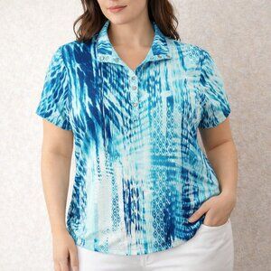 Chico’s Weekends Size 3 (XL) Blue Abstract Snap Collar Stretch Short Sleeve Top